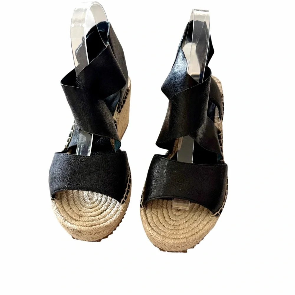 Eileen Fisher Willow Black Wedge Espadrille Platform Leather Sandals Size 8